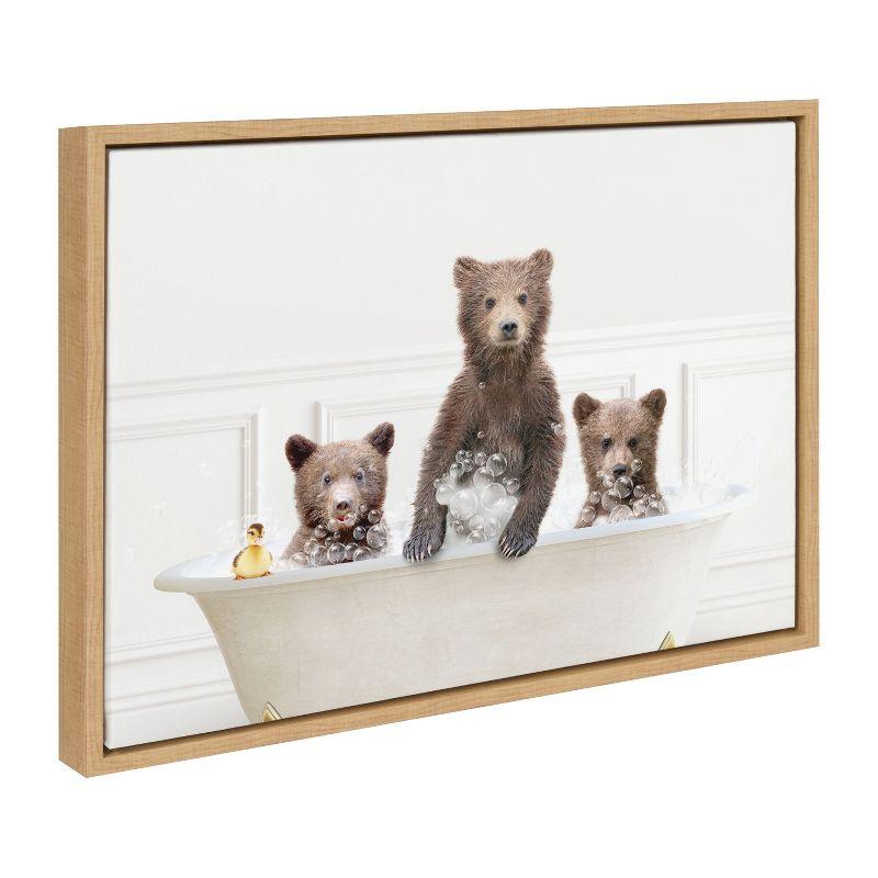 Kate and Laurel Sylvie Three bears In Bubble Bath Neutral Style Framed Canvas by Amy Peterson Art Studio, 18x24, Natural