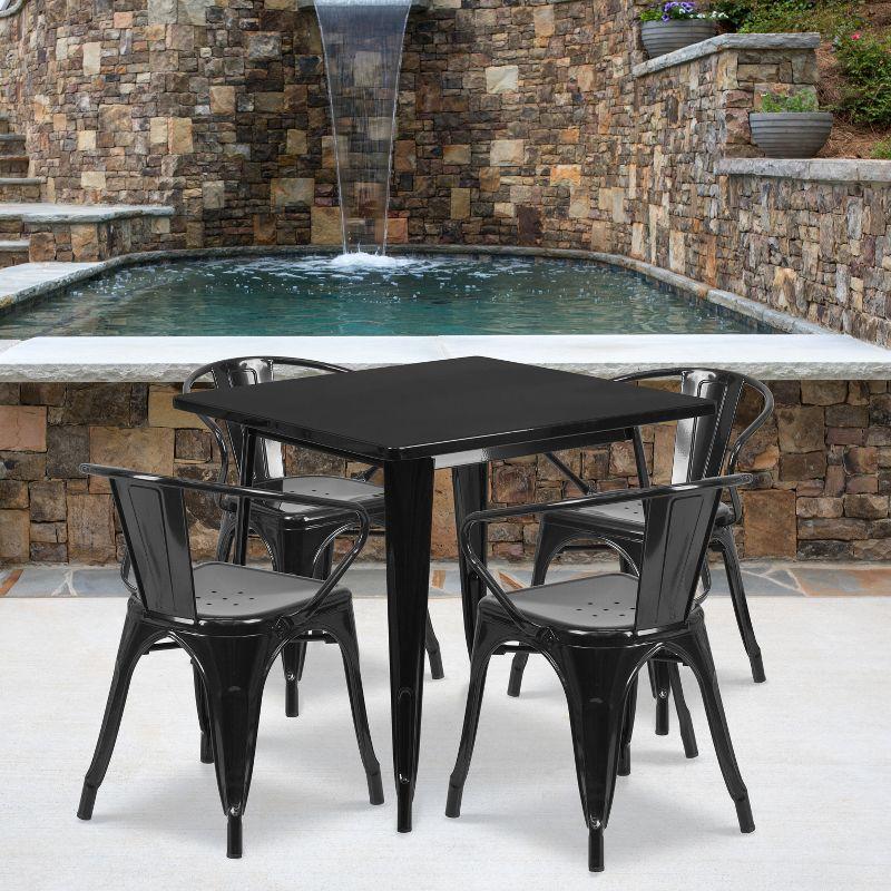 Black Metal 31.5" Square Indoor-Outdoor Dining Set with 4 Arm Chairs