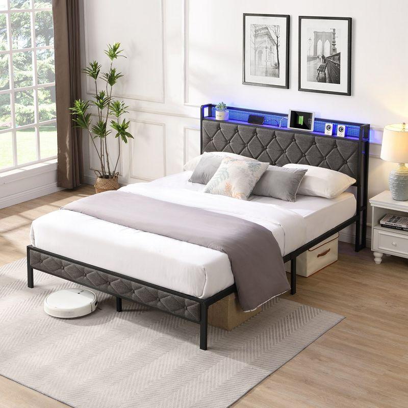 Bed With Storage Headboard, Charging Station And LED Lights, Upholstered Platform Bed Frame With Metal Slats, No Box Spring Needed, Gray