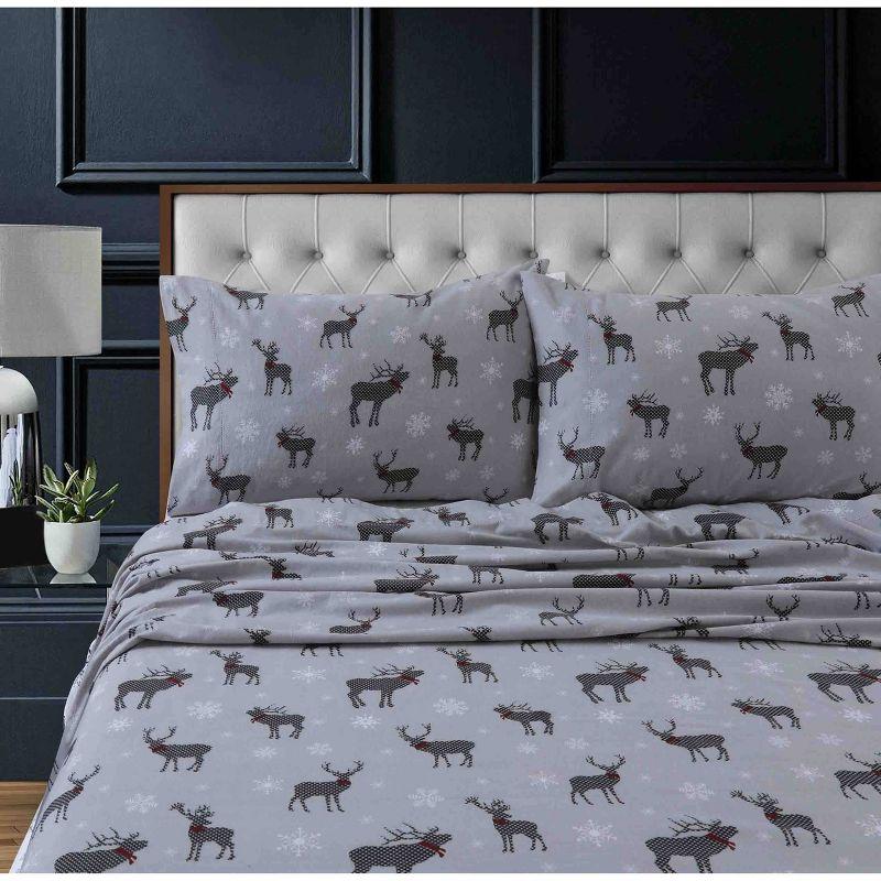 Gray Checkered Buck Cotton Flannel Queen Sheet Set