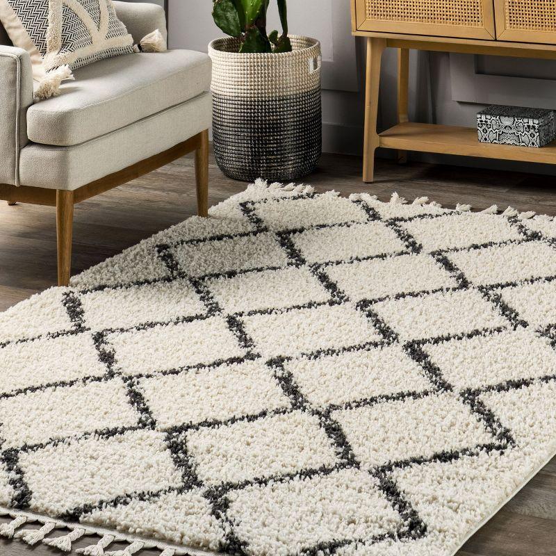 Ivory Diamond Trellis Shag Area Rug with Tassels, 2' x 3'