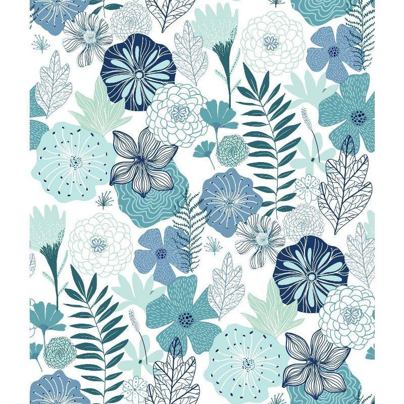 RoomMates Blooms Peel and Stick Wallpaper: Self-Adhesive Vinyl, Modern Floral, Repositionable, 28 Sq Ft Coverage, Blue