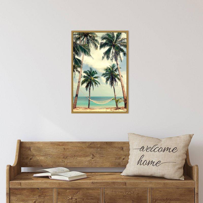 16" x 23" Palm Sky 3 by Design Fabrikken Framed Canvas Wall Art - Amanti Art: Tropical Hammock Scene, Modern Decor