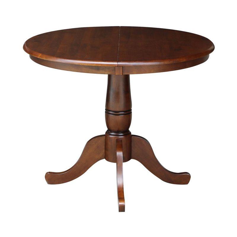 International Concepts Round Pedestal 36" Extendable Dining Table with 12" Drop Leaf: Mid-Century Style, Seats 4, Hardwood