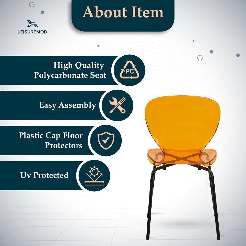 LeisureMod Oyster Black Chrome Base Side Chair in Transparent Orange