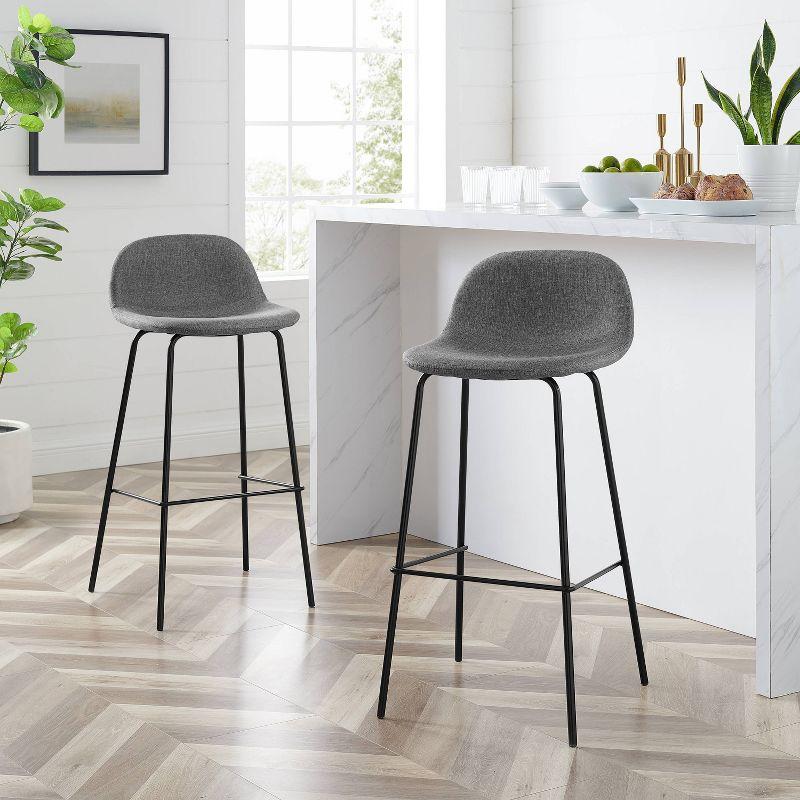 Gray Upholstered Bucket Seat Bar Stools with Steel Legs, Set of 2