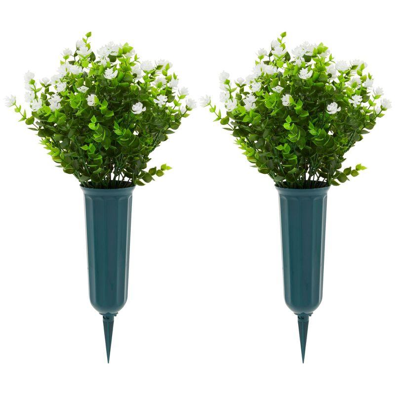 Bright Creations 6 Bundles White Artificial Flowers with 2 Cone Vases, Faux Fake Plant for Cemetery, Outdoor Decor (8.6 x 13 In)