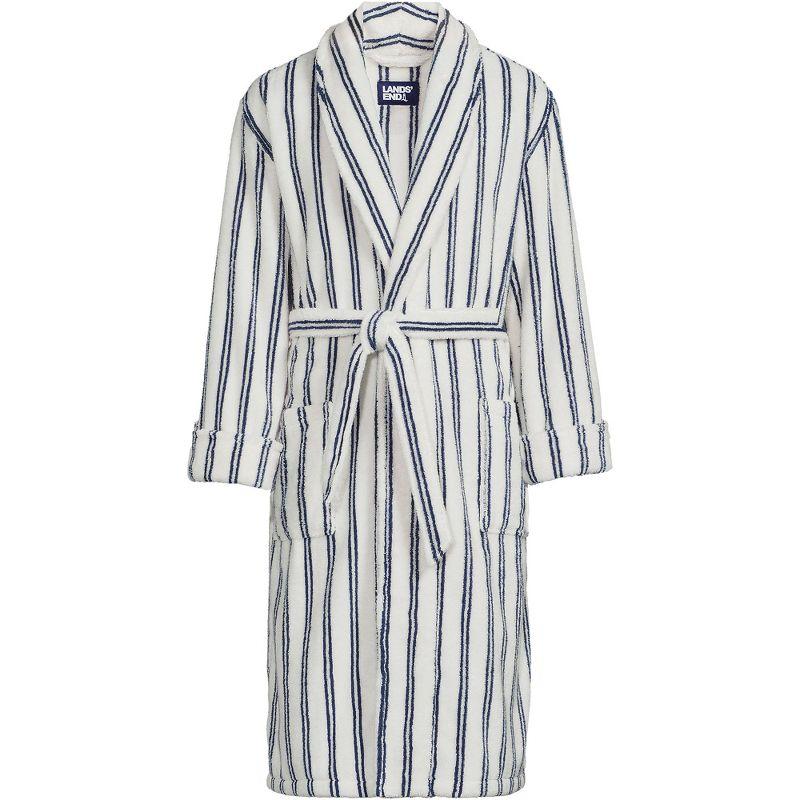 Lands' End Men's Calf Length Pattern Turkish Terry Robe - Large - Egret White Double Stripes