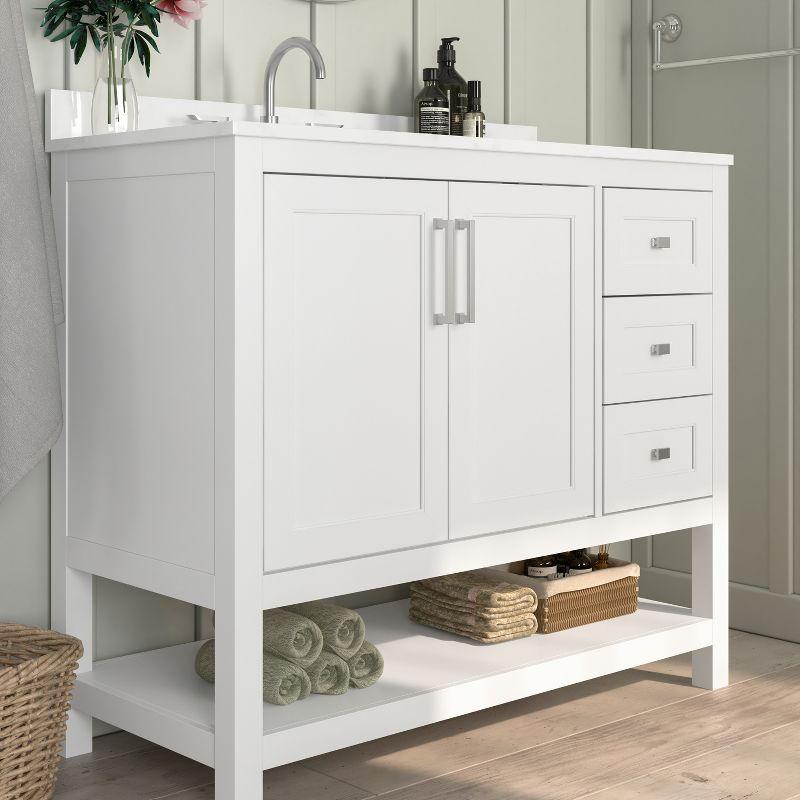 Emma and Oliver Bathroom Vanity, Single Sink Cabinet with 2 Soft Close Doors, Open Shelf and 3 Drawers, Carrara Marble Finish Countertop