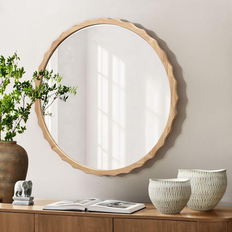 LuxenHome 31.5-Inch Round Wall Mirror Natural Wood Scalloped Frame Circle Wall Mounted Decorative Wavy Mirror for Bathroom Bedroom Entryway Brown