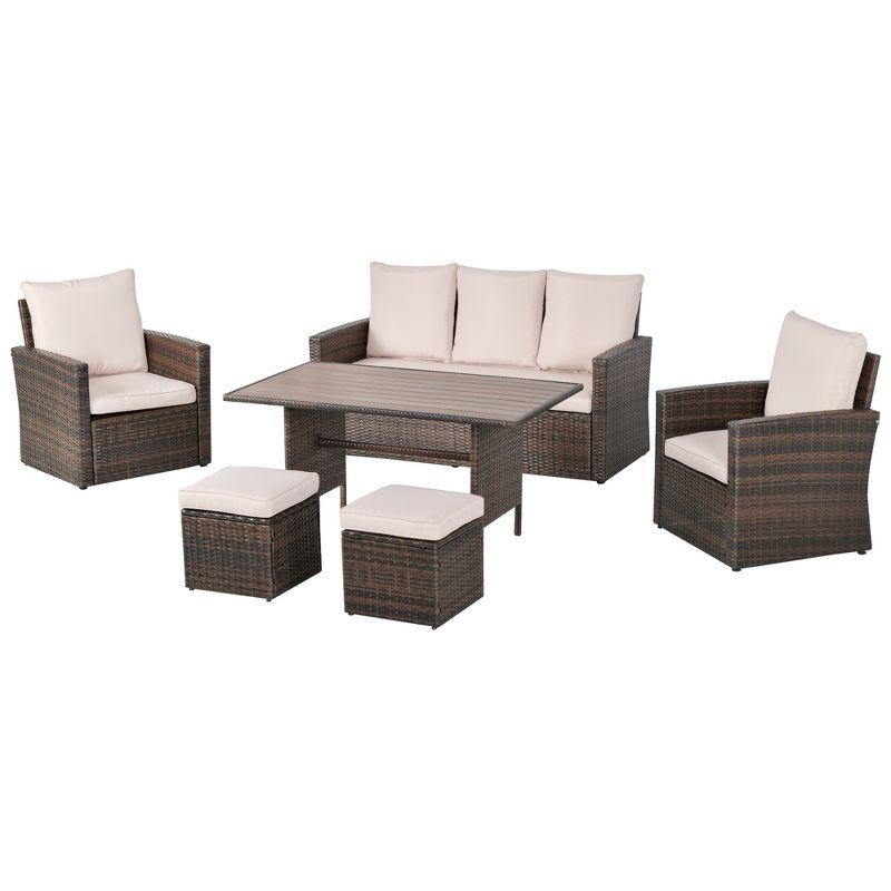 Outsunny 6 PCS Patio Dining Set All Weather Rattan Wicker Furniture Set with Wood Grain Top Table and Soft Cushions