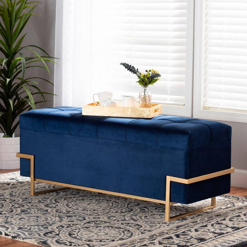 Parker Velvet Upholstered and Metal Storage Ottoman Blue/Gold - Baxton Studio: Rectangular Bench with Bow Pattern