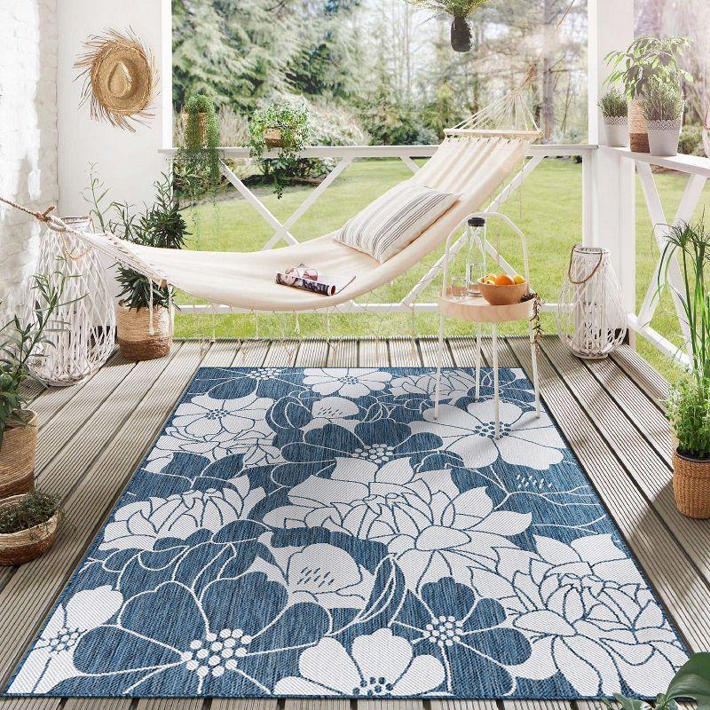 World Rug Gallery Modern Floral Flowers Textured Flat Weave Indoor/Outdoor Area Rug - NAVY 5' X 7'
