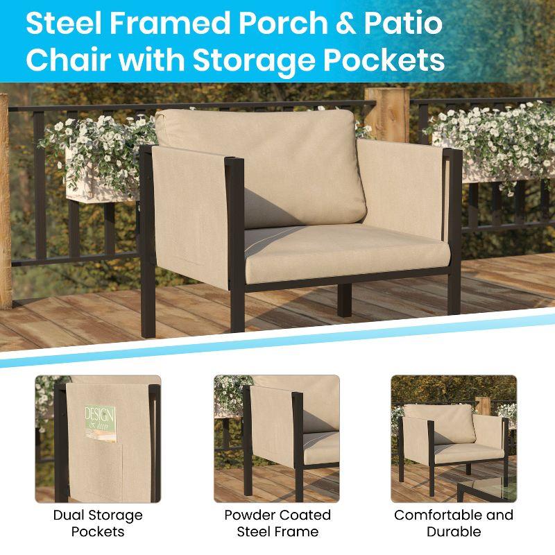 Flash Furniture Lea Indoor/Outdoor Patio Chair with Cushions - Modern Steel Framed Chair with Storage Pockets