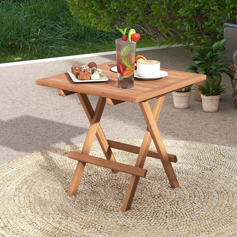 Costway Patio Folding Side Table Indonesia Teak Wood Square Slatted Tabletop Portable Picnic