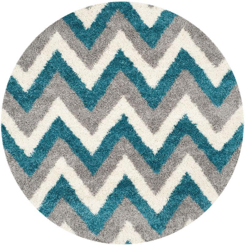 Ivory and Blue Chevron Round Kids Shag Rug