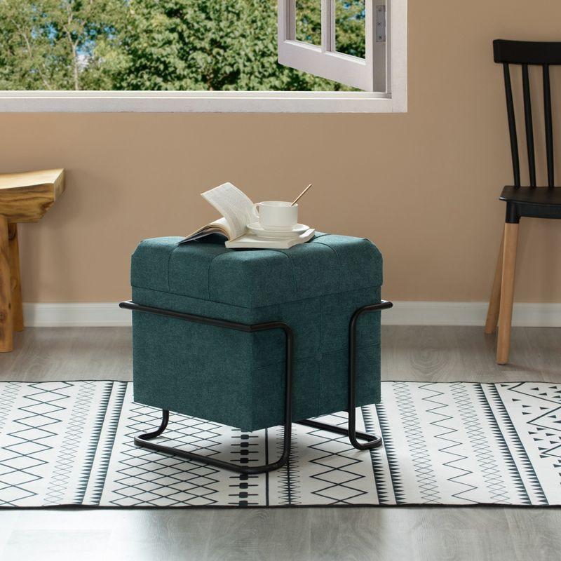 Fabulaxe Square Fabric Storage Ottoman with Black Metal Frame, Blue