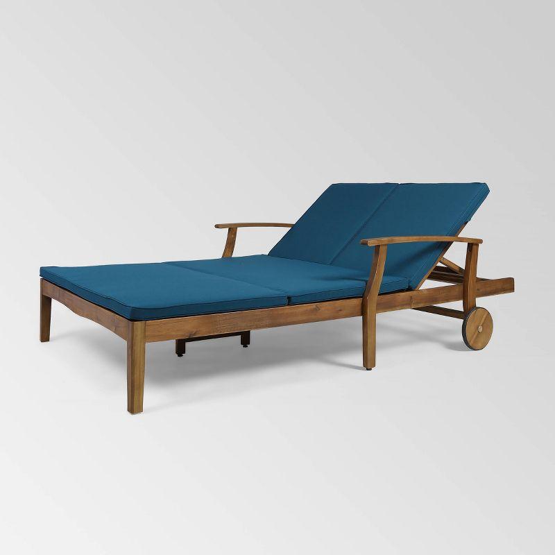 Perla Acacia Wood Double Chaise Lounge Teak/Blue - Christopher Knight Home