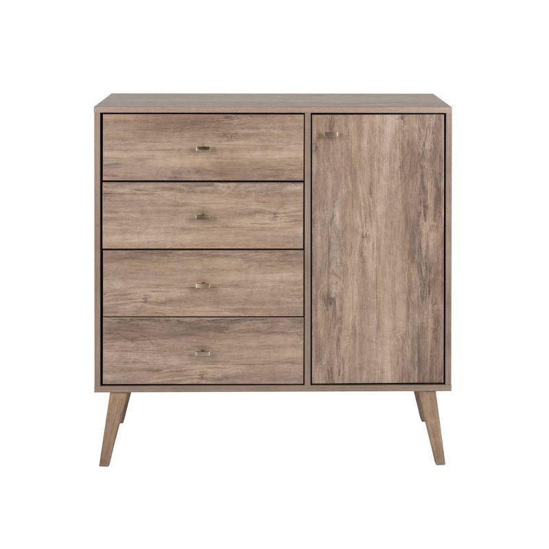 Prepac Milo Mid-Century Modern 4 Drawers Chest with Door Drifted Gray: Laminated Storage, Metal Glides, Adjustable Shelf