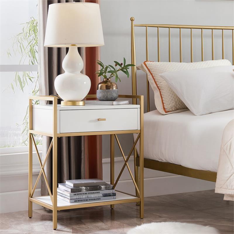 White and Gold Metal Nightstand with USB Charging