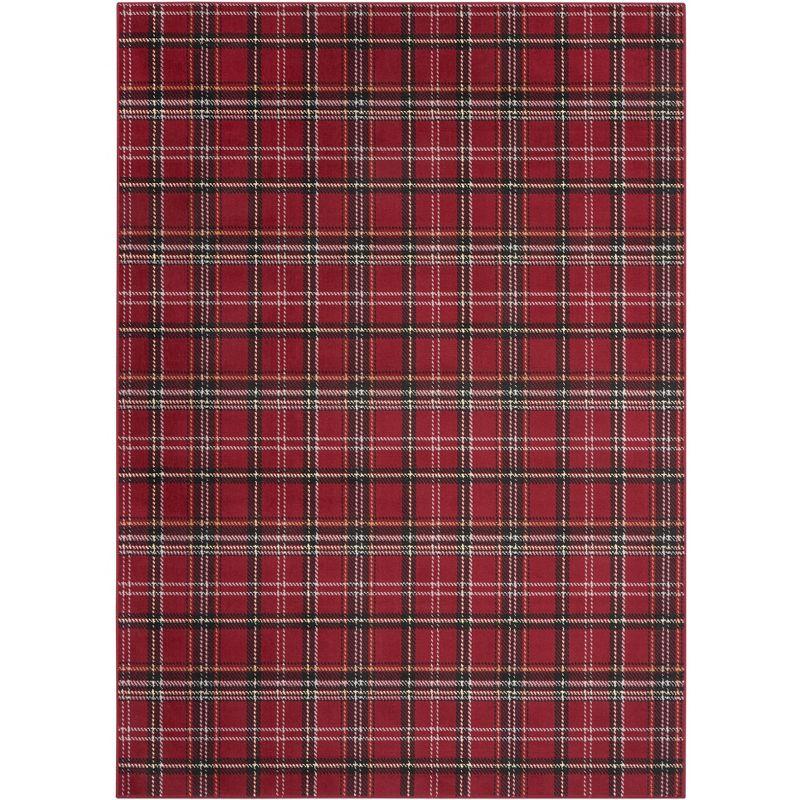 Red Plaid Rectangular Synthetic Area Rug 7' x 10'