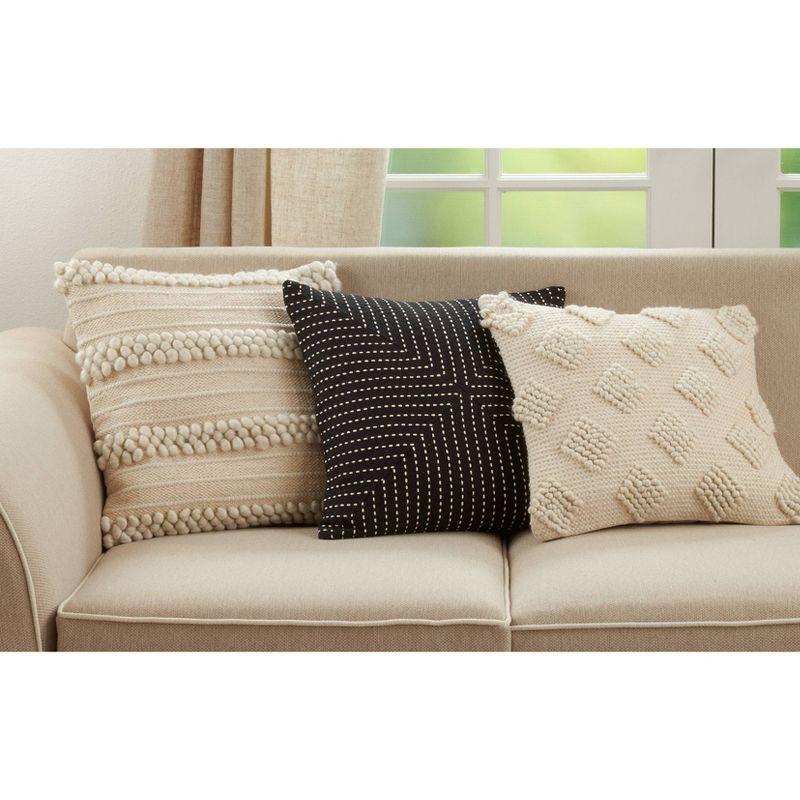 18"x18" Striped Design with Pom-Poms Square Throw Pillow Cover Ivory - Saro Lifestyle: Bohemian Hand Wash Zipper Closure