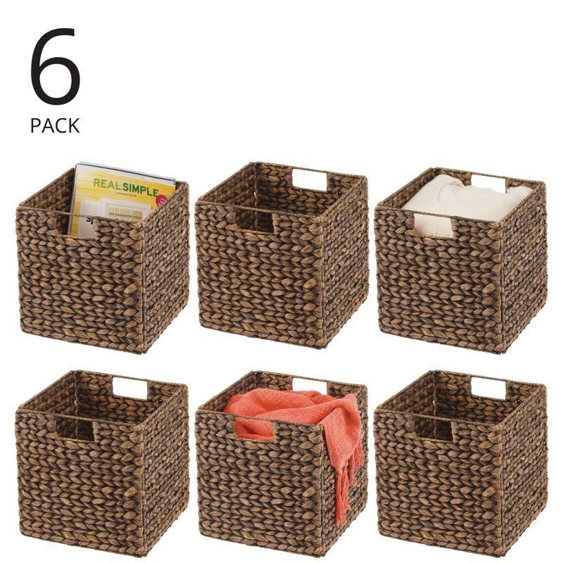 mDesign Hyacinth Woven Cube Bin Basket Organizer, Handles, 6 Pack, Brown Wash