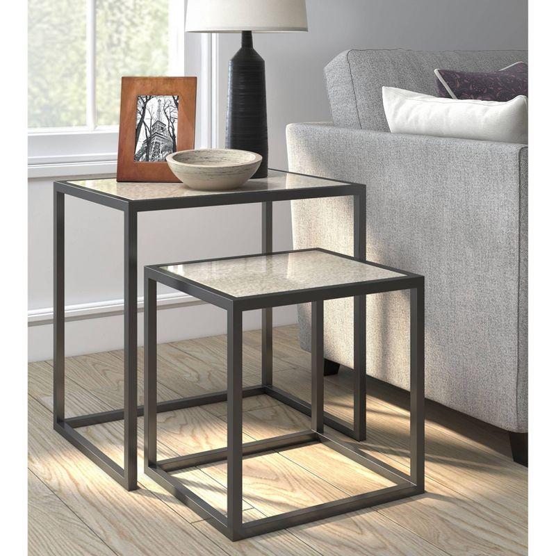 Set of 2 Black Mirrored Nesting Accent Tables with Metal Frame