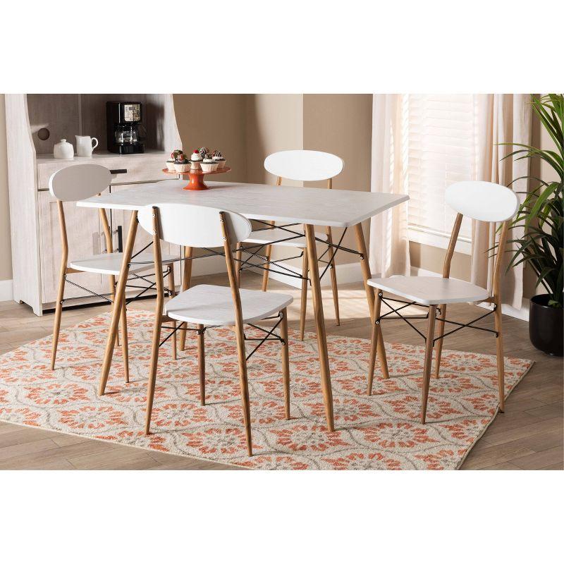 Baxton Studio 5pc Wayne White and Walnut Metal Dining Set Gray: Round Table, 4 Upholstered Chairs