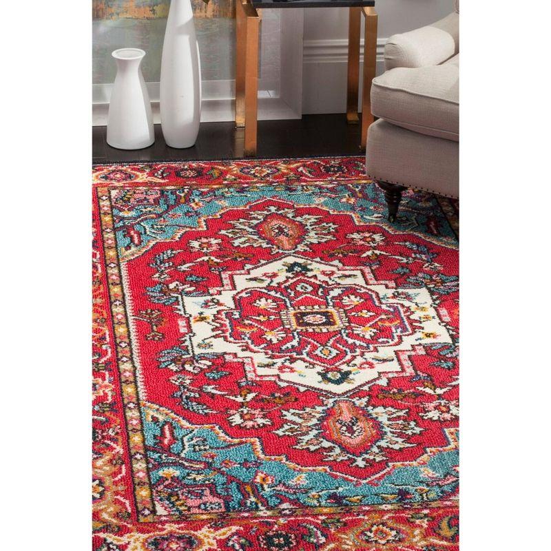 Red and Turquoise Floral Synthetic Area Rug