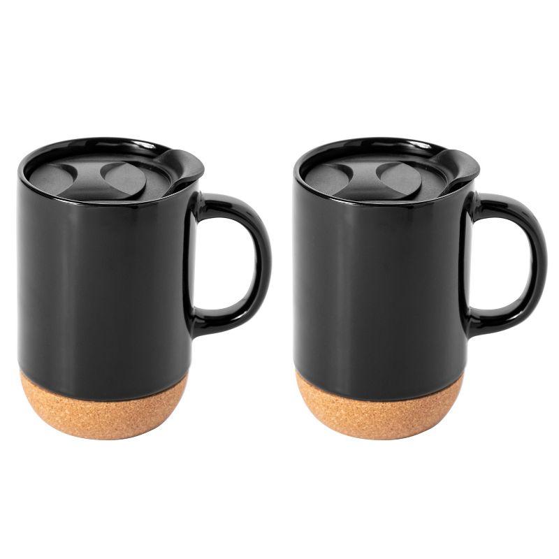 Gibson Home Modani 2 Pack Large 16.5 OZ Ceramic Mugs Set With Removable Cork Bottom And Lid - Black