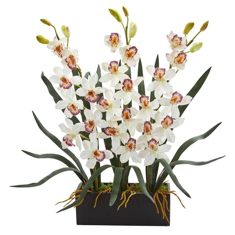 Nearly Natural 25-in Cymbidium Orchid Artificial Arrangement in Black Vase