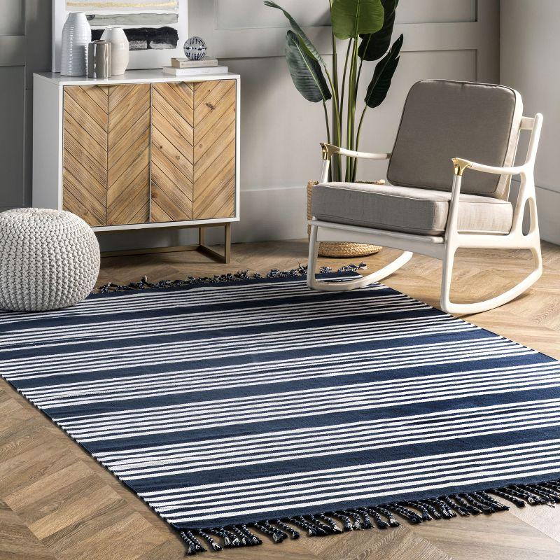 Blue Striped Cotton Reversible 5' x 8' Area Rug