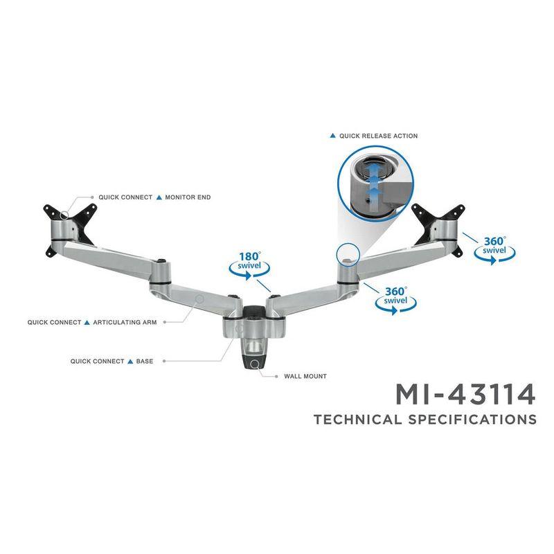 Silver Dual Full Motion Die-Cast Aluminum Monitor Wall Mount