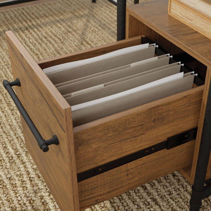 Sauder Iron City L Shaped Computer Desk Checked Oak: Industrial Style with Metal Frame & Hutch Storage