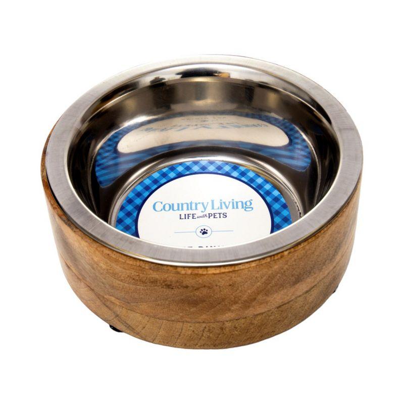 Country Living Stainless Steel Dog Bowl with Cylindrical Mango Wood Holder, Durable & Stylish Dish, Sustainable Dog Feeding Solution (1 Pint)