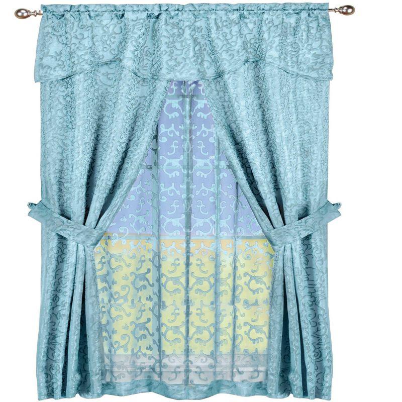 Collections Etc Insulated Scrolling Design Sheer Window Curtain Set with Tie Backs 54" x 63" Blue