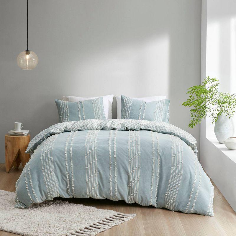 Ink+Ivy 3pc King/California King Kara Cotton Jacquard Duvet Cover Set Aqua: Reversible, Lightweight, OEKO-TEX Certified