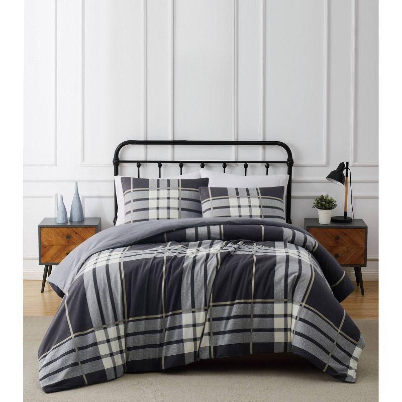 2pc Twin/Twin Extra Long Milo Plaid Flannel Duvet Cover Set Gray - Truly Soft: Cotton Material, 180 Thread Count, Includes Sham