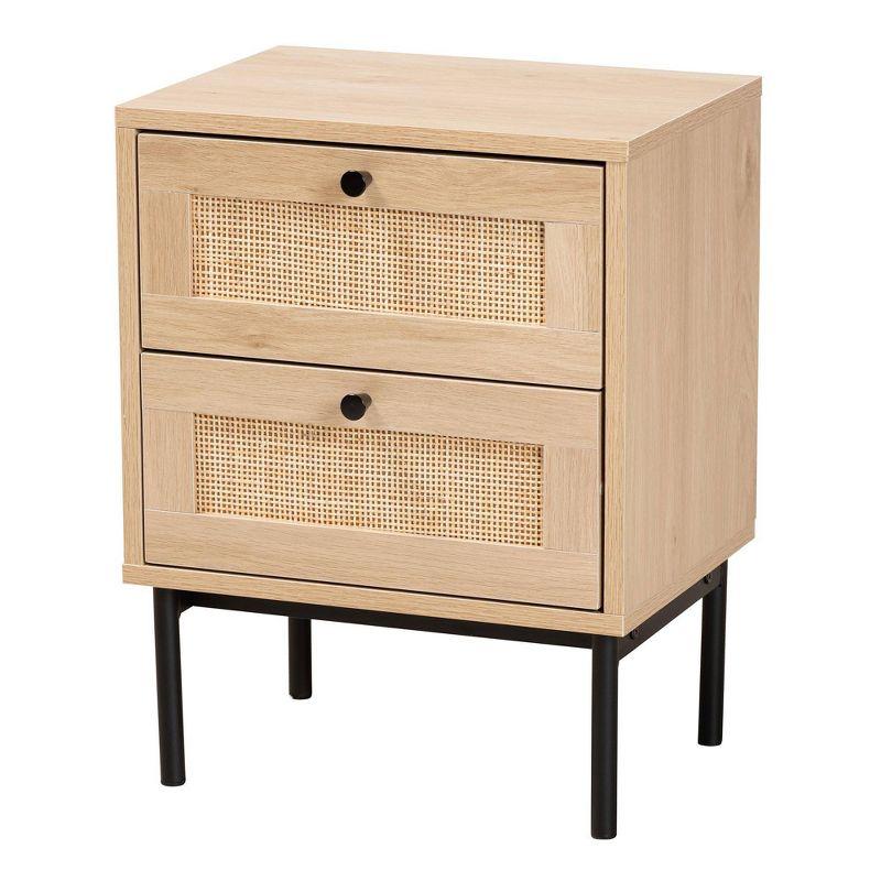 Baxton Studio Sherwin 2 Drawer End Table with Woven Rattan Accent Light Brown/Black: Mid-Century Storage, Metal Base