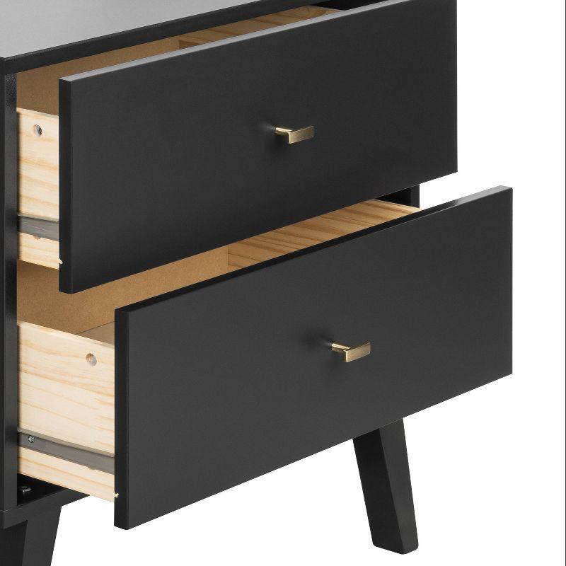 Milo Mid-Century Modern Black Nightstand with Brass Knobs and Open Shelf