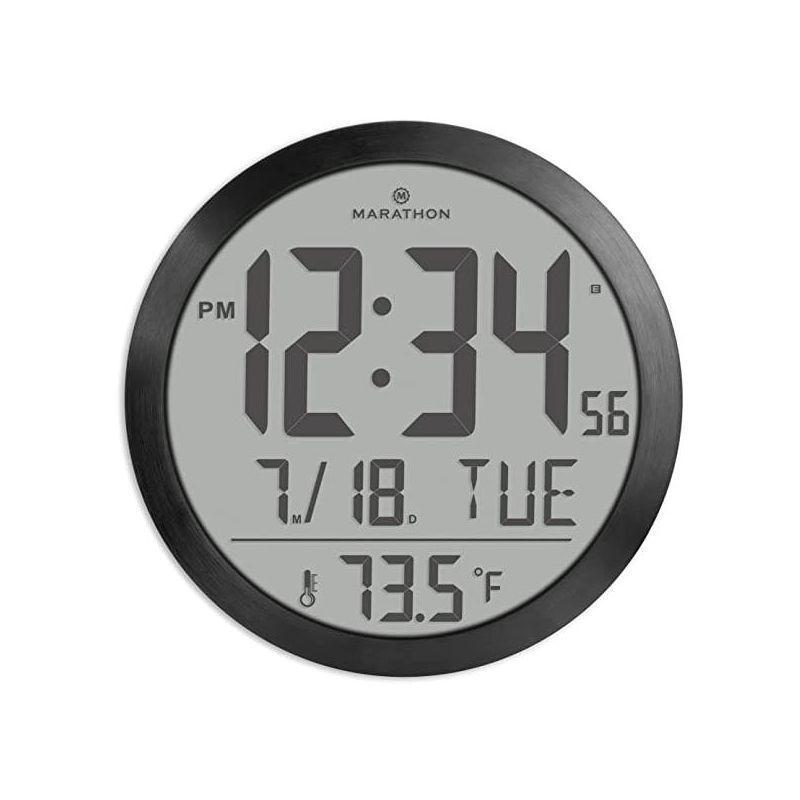 Marathon 15-Inch Black Aluminum Digital Wall Clock with Calendar and Temperature Display