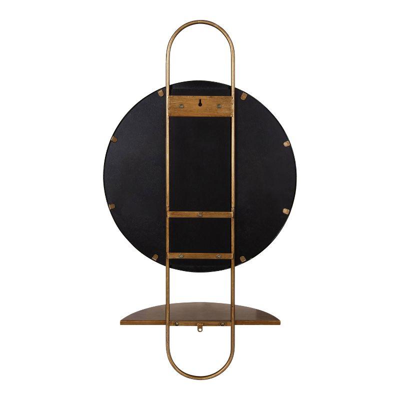 Gold Round Mirror with Wood Shelf, 19" x 33"