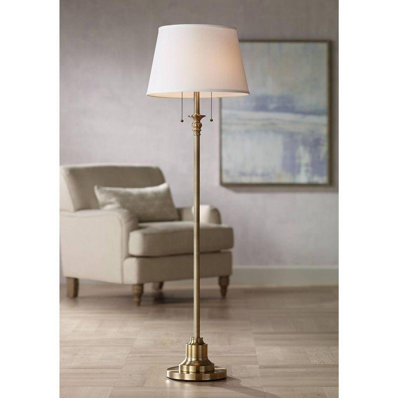 360 Lighting Spenser Vintage Floor Lamp 58" Tall Brushed Antique Brass Metal Off White Linen Drum Shade for Living Room Bedroom Office House Home