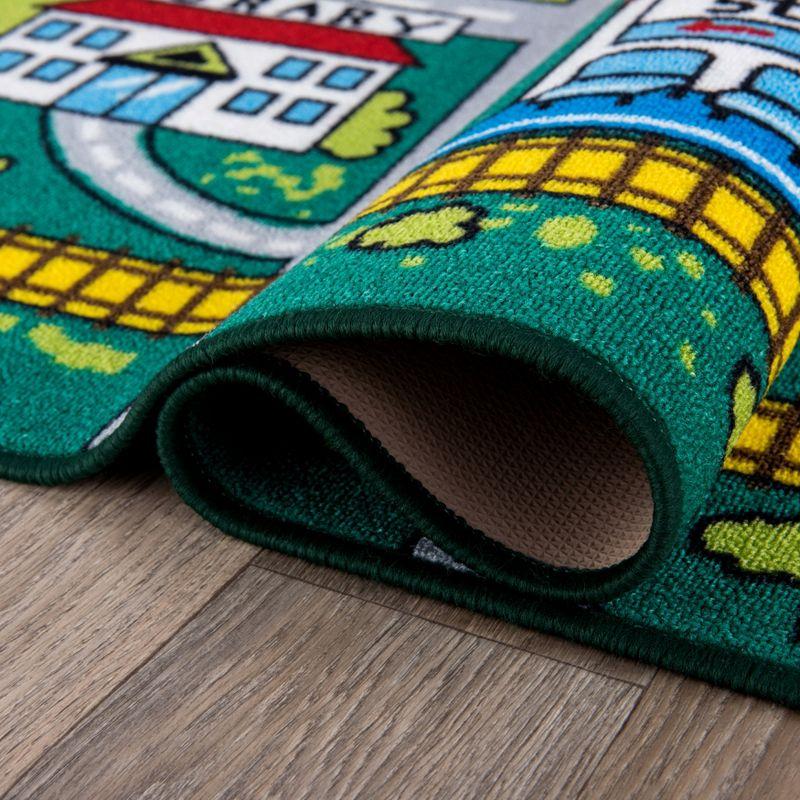 World Rug Gallery Kids Educational Learning City Life Road Non Slip Area Rug - Green 5' x 7'