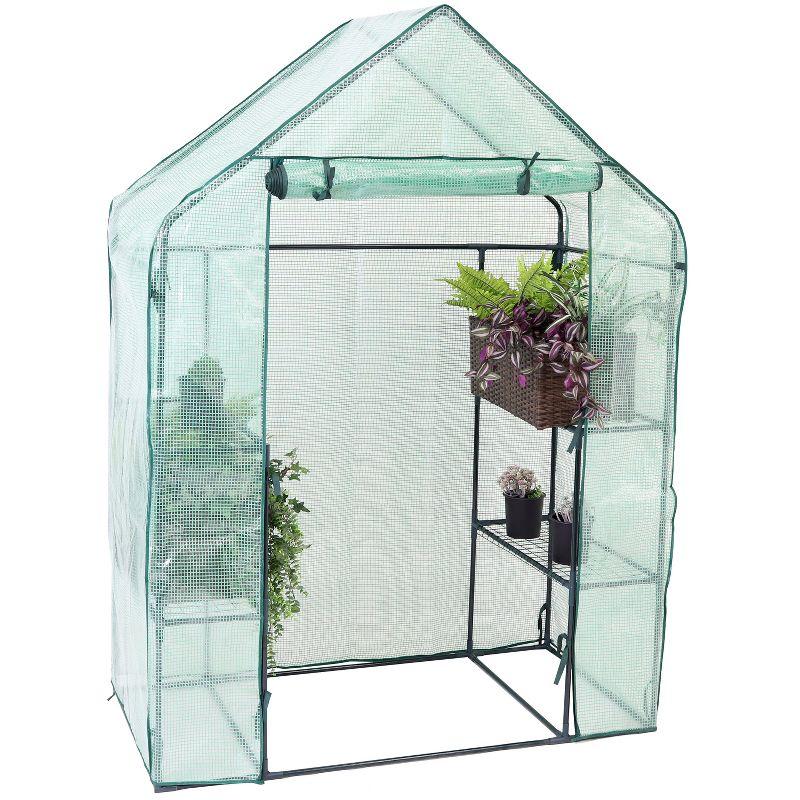 Sunnydaze Outdoor Portable Tiered Growing Rack Deluxe Walk-In Greenhouse with Roll-Up Door - 4 Shelves - Green