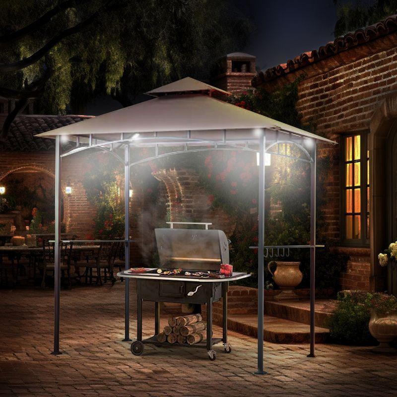 Brown Powder Coated Steel Grill Gazebo with LED Lights and Glass Shelves