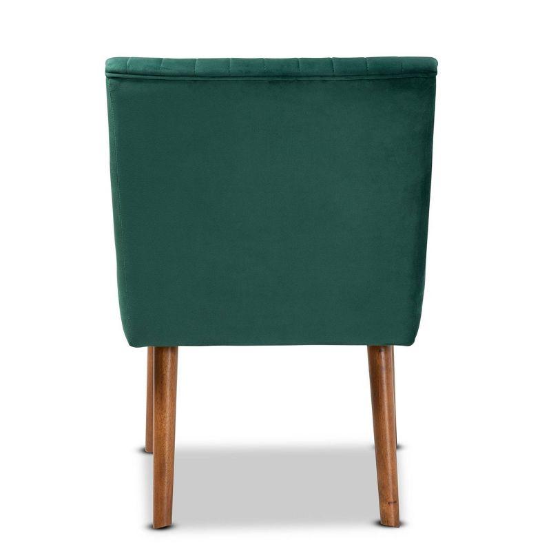 Alvis Velvet Upholstered and Wood Dining Chair Emerald Green/Walnut - Baxton Studio: Channel Tufted, Angled Legs