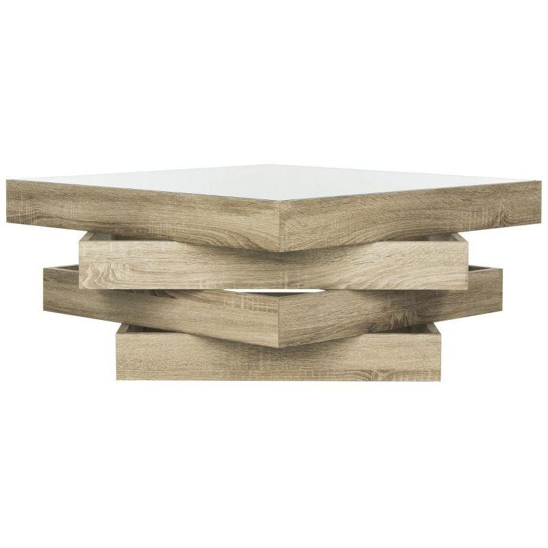 Transitional Geometric 34" Square Wood and Glass Coffee Table in Beige