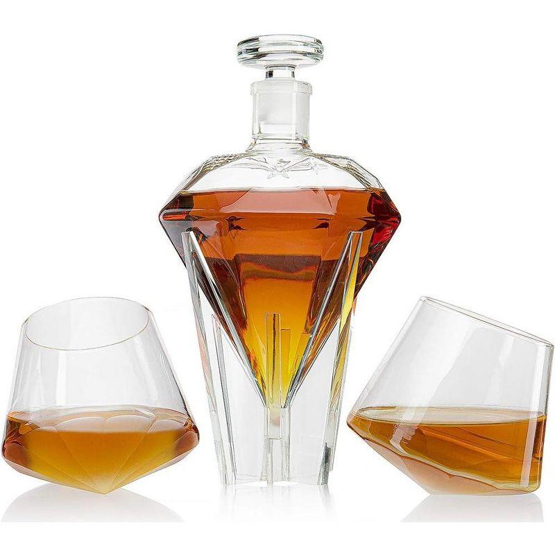 The Wine Savant Clear Diamond Decanter for Wine & Whiskey Set Includes 2 Clear Whiskey Diamond Glasses, Stylish & Beautiful Home Decor - 750 ml